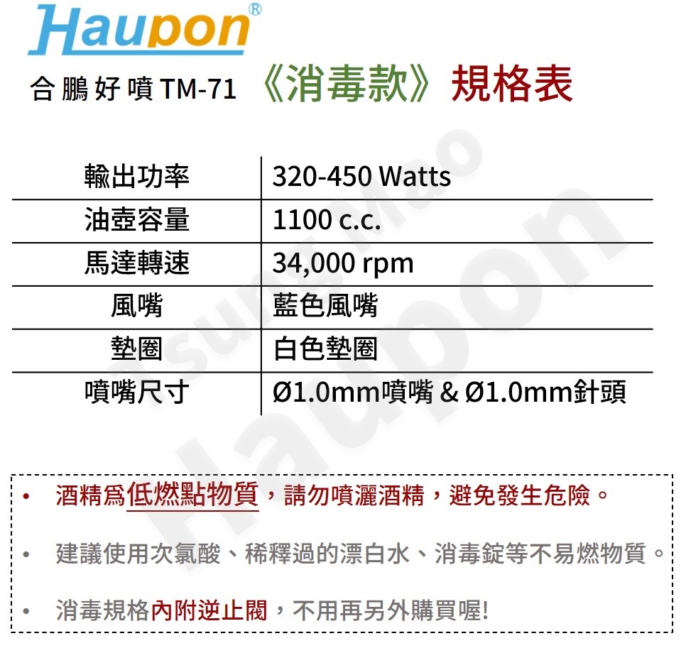 TM-71電動噴槍 消毒規格 產品規格表